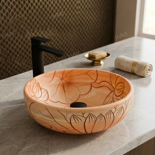 InArt Vessel Sinks for Bathroom – 15.75" Ceramic Round, Peach Beige Floral Line Art
