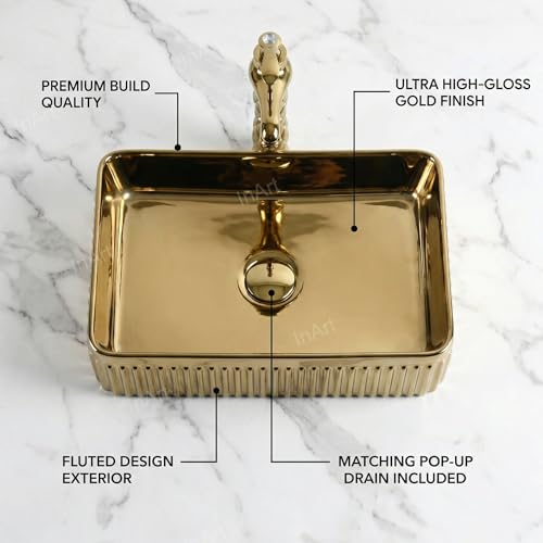InArt Modern Gold Ceramic Vessel Sink – 19" x 13" Rectangular Countertop Bathroom Vanity Basin DW272, additional product view 3