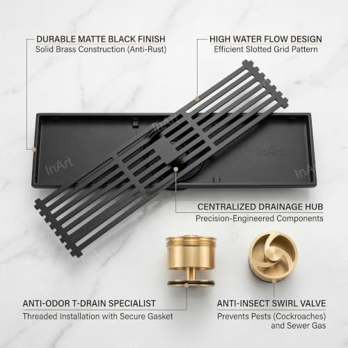 InArt Matte Black Linear Brass Bathroom Floor Drain, 12 x 4 product image 4 of 12