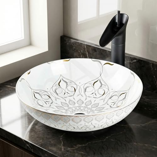 InArt Round Bathroom Ceramic Vessel Sink Art Basin in White Gold Color