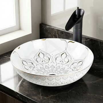 InArt Round Bathroom Ceramic Vessel Sink Art Basin in White Gold Color