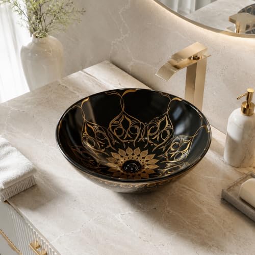 InArt Round Bathroom Ceramic Vessel Sink Art Basin in Black Gold Color