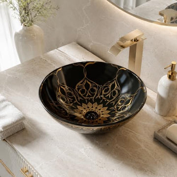 InArt Round Bathroom Ceramic Vessel Sink Art Basin in Black Gold Color