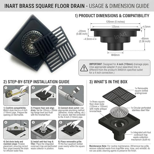 InArt Matte Black Brass Bathroom Floor Drain, 12 x 4 product image 12 of 12