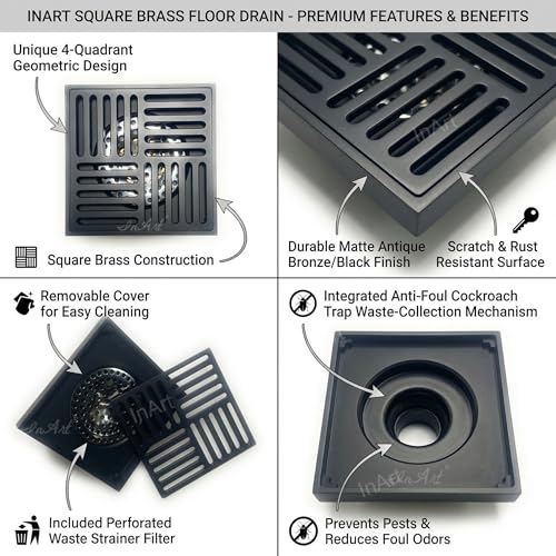 InArt Matte Black Brass Bathroom Floor Drain, 12 x 4 product image 6 of 12