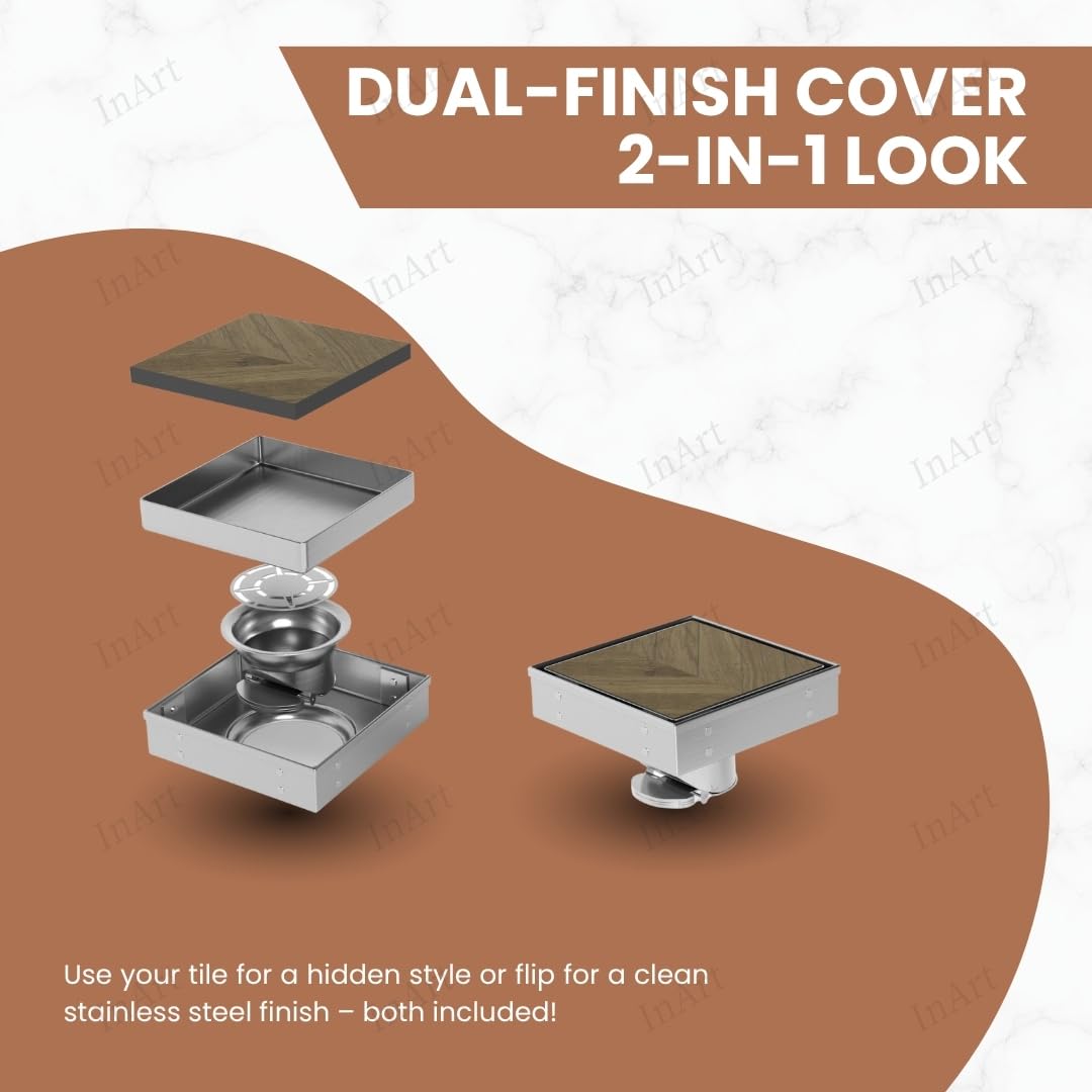 Square tile-in shower floor drain, 304 stainless steel, brushed finish, reversible cover top view
