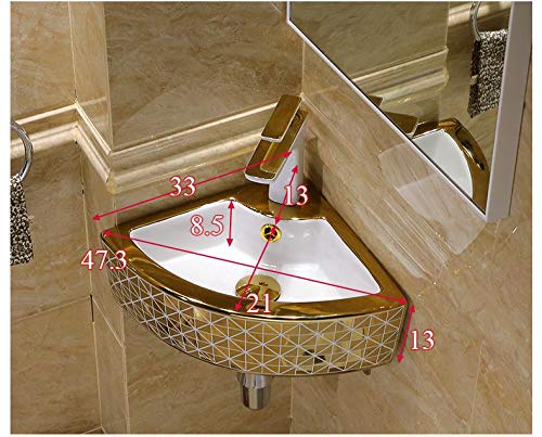 Bath corner sink 14x14 ceramic square corner basin, glossy white with gold accents, wall hung or tabletop