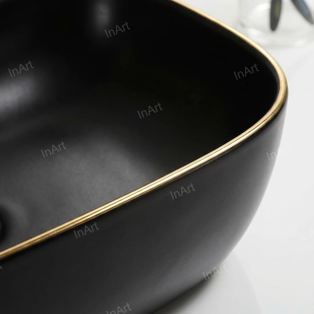 Matte black rectangular ceramic vessel sink and vanity setup, modern bathroom vanity vessel sink