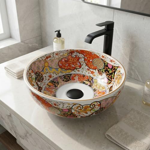 InArt Glossy Moroccan Ceramic Round Vessel Sink – Decorative Pattern, 15.75"