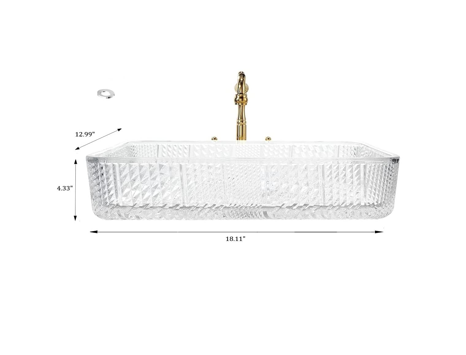 Drain opening detail on clear tempered glass bathroom vessel sink, rectangular glass sink bowl for bathroom