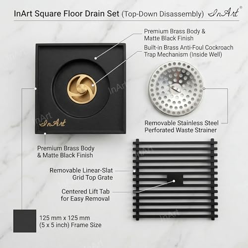 InArt Matte Black Linear Brass Bathroom Floor Drain, 12 x 4 product image 3 of 12