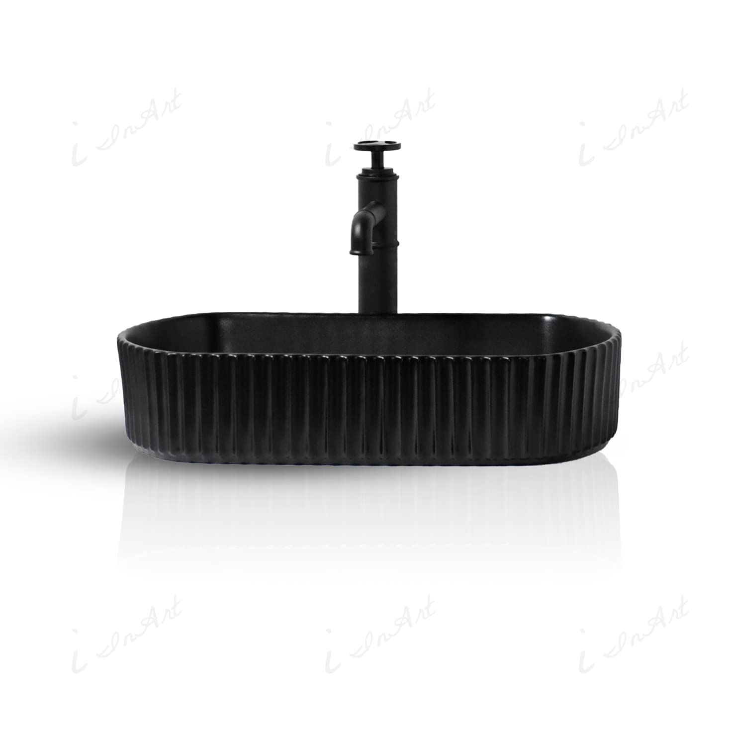 InArt rectangular vessel sink small, matte black ceramic table top bathroom sink side angle view