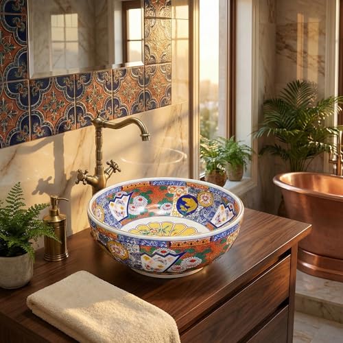 InArt Glossy White Ceramic Round Vessel Sink – Mexican Style Pattern, 16.5"
