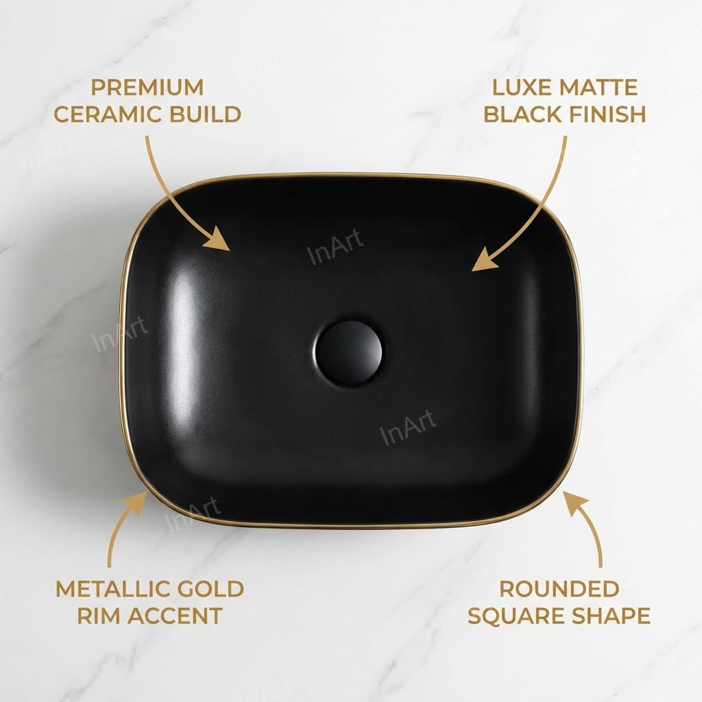 Rectangular ceramic vessel sink vanity top view, matte black above counter bathroom sink