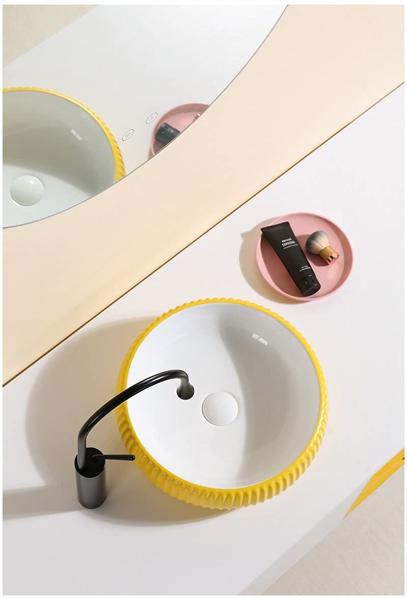 Bathroom vanity cabinet for vessel sink pairing with square ceramic yellow vessel basin on countertop