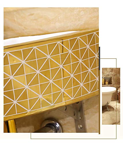 Corner wall mount bathroom sink with glossy finish, gold accents, space-saving for small bathroom with corner sink