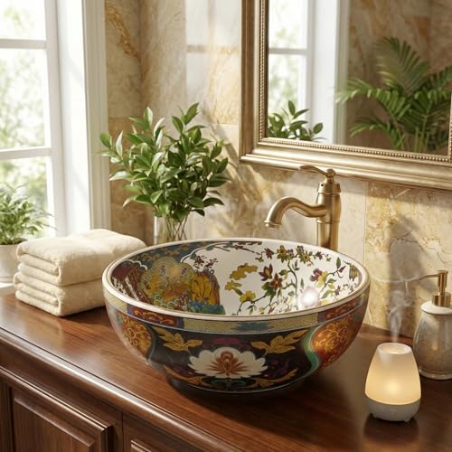 InArt Glossy Multicolor Ceramic Round Vessel Sink – Hand-Painted Pattern, 16.5"