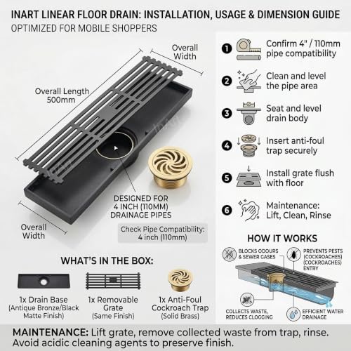 InArt Matte Black Linear Brass Bathroom Floor Drain, 12 x 4 product image 12 of 12