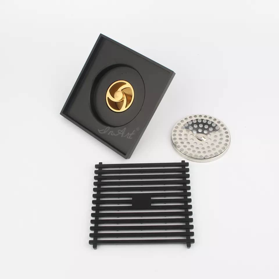 InArt 4 inch outlet square floor drain brass body showing 110 mm drain connection, underside view