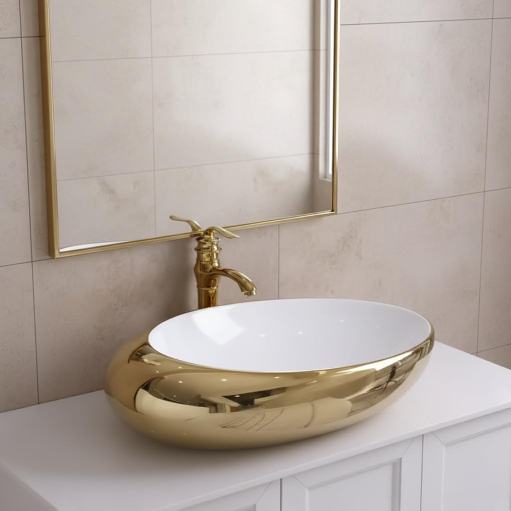 InArt ceramic vessel bowl vanity sink, oval shape in glossy white and gold for vanity and vessel sink