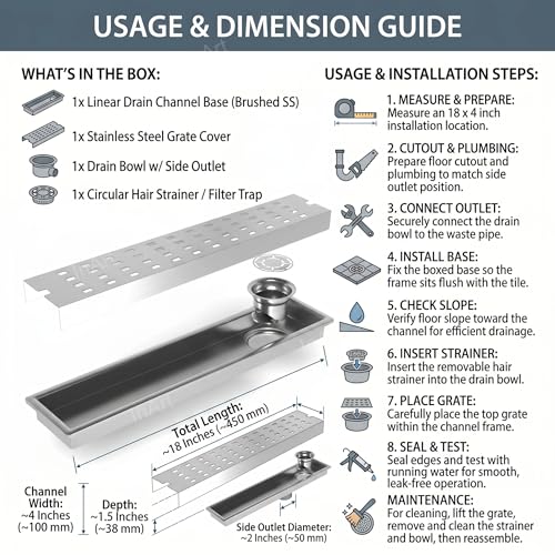InArt Square Stainless Steel Bathroom Floor Drain, 18 x 4 product image 11 of 12