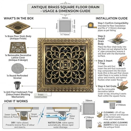 InArt Square Brass Bathroom Floor Drain, 12 x 4 product image 12 of 12