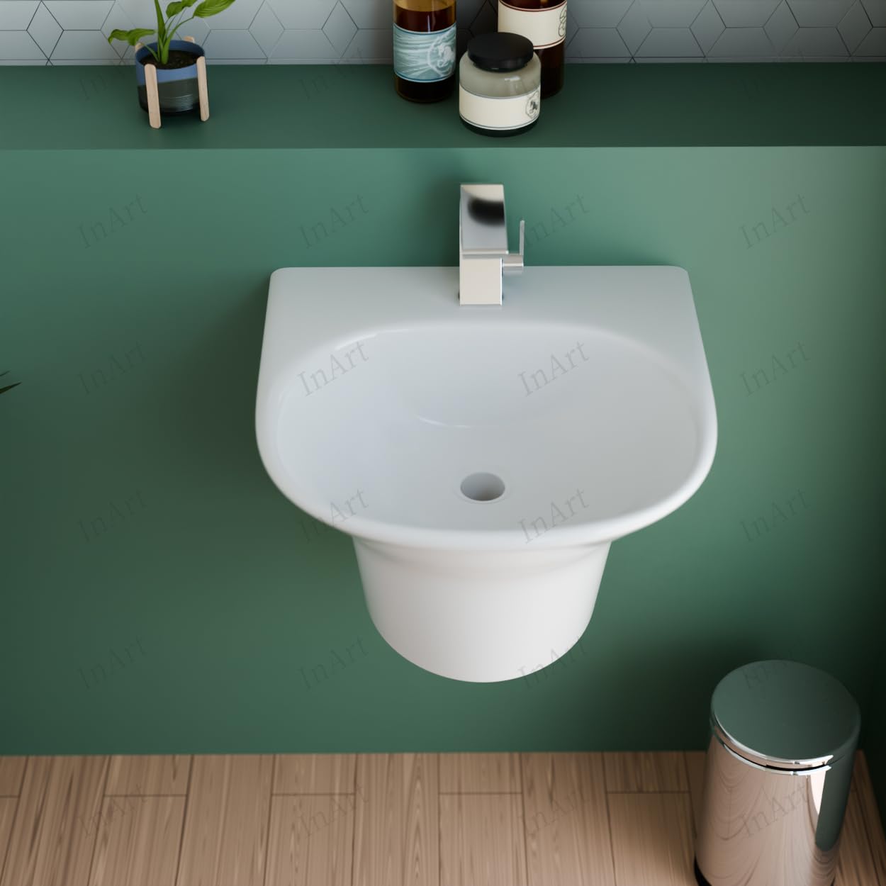 Glossy white ceramic wall hung sink with integrated shroud underside, compact rounded-rectangle shape