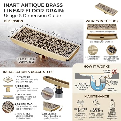 InArt Square Brass Bathroom Floor Drain, 12 x 4 product image 12 of 12