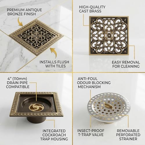 InArt Square Brass Bathroom Floor Drain, 12 x 4 product image 6 of 12