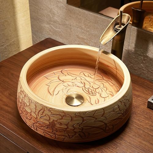 InArt Wood-Tone Ceramic Round Vessel Sink – Floral Art Design, 16.5"