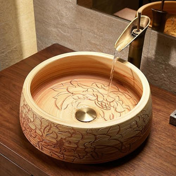 InArt Wood-Tone Ceramic Round Vessel Sink – Floral Art Design, 16.5"