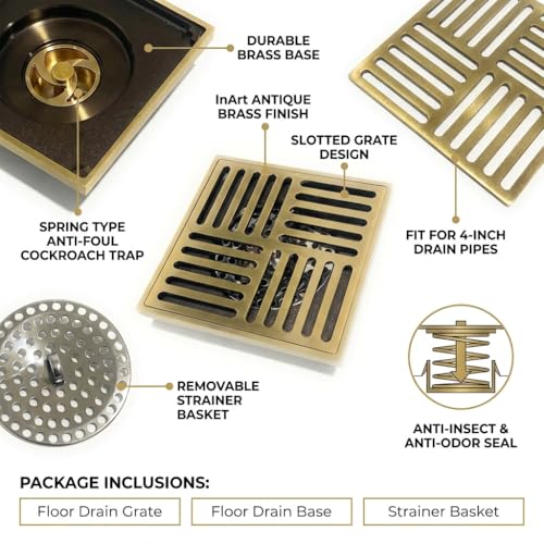 InArt Square Brass Bathroom Floor Drain, 12 x 4 product image 6 of 12