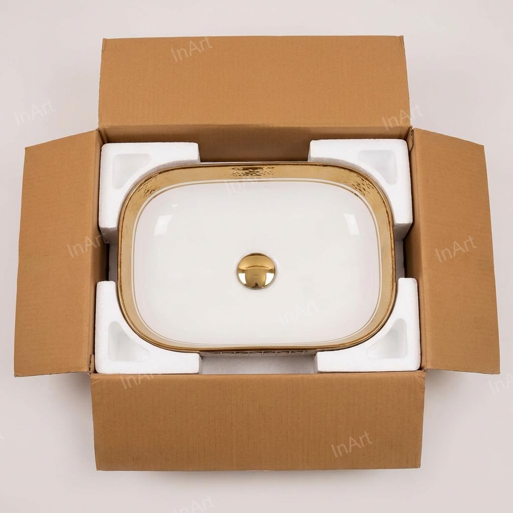 Bathroom vanity with raised sink look: gold rectangular ceramic vessel sink and vanity setup