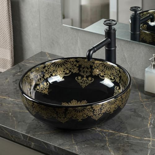 InArt Glossy Black Ceramic Round Vessel Sink – Above Counter, 16" Gold Pattern