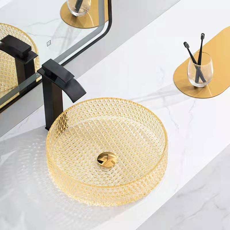 Vessel sinks for bathroom - InArt black and gold square tempered glass vessel sink 395mm