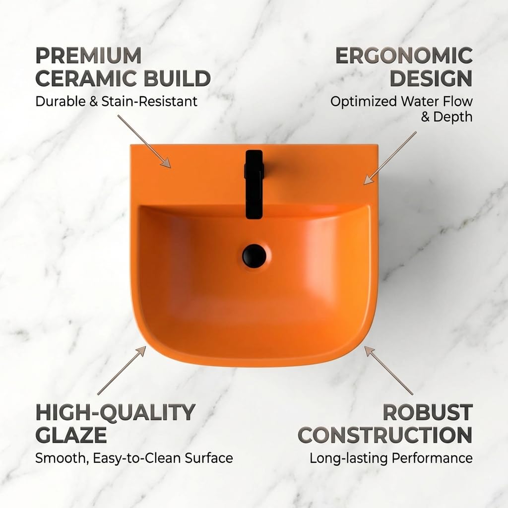 Wall mounted sink glazed ceramic rectangular soft-square matte orange and gray integrated half pedestal front view