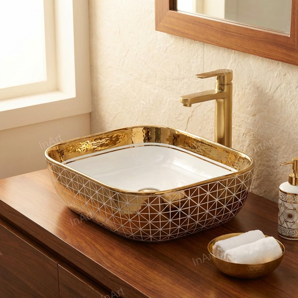 Ceramic bathroom sink gold finish rectangular above counter bathroom sink for vessel sink cabinet