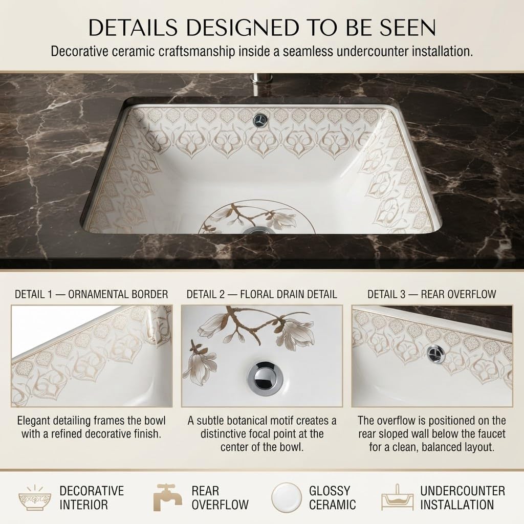 White and Gold Rectangular Ceramic undermount bathroom sink, additional product view 6