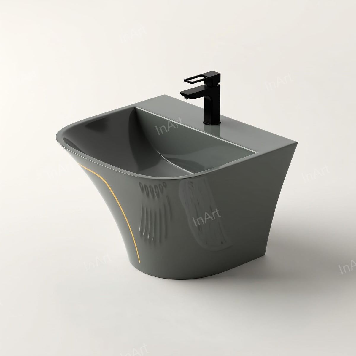 InArt Glossy Grey Wall-Mounted Ceramic Bathroom Sink with Half Pedestal, 21.3 Inch, additional product view 8