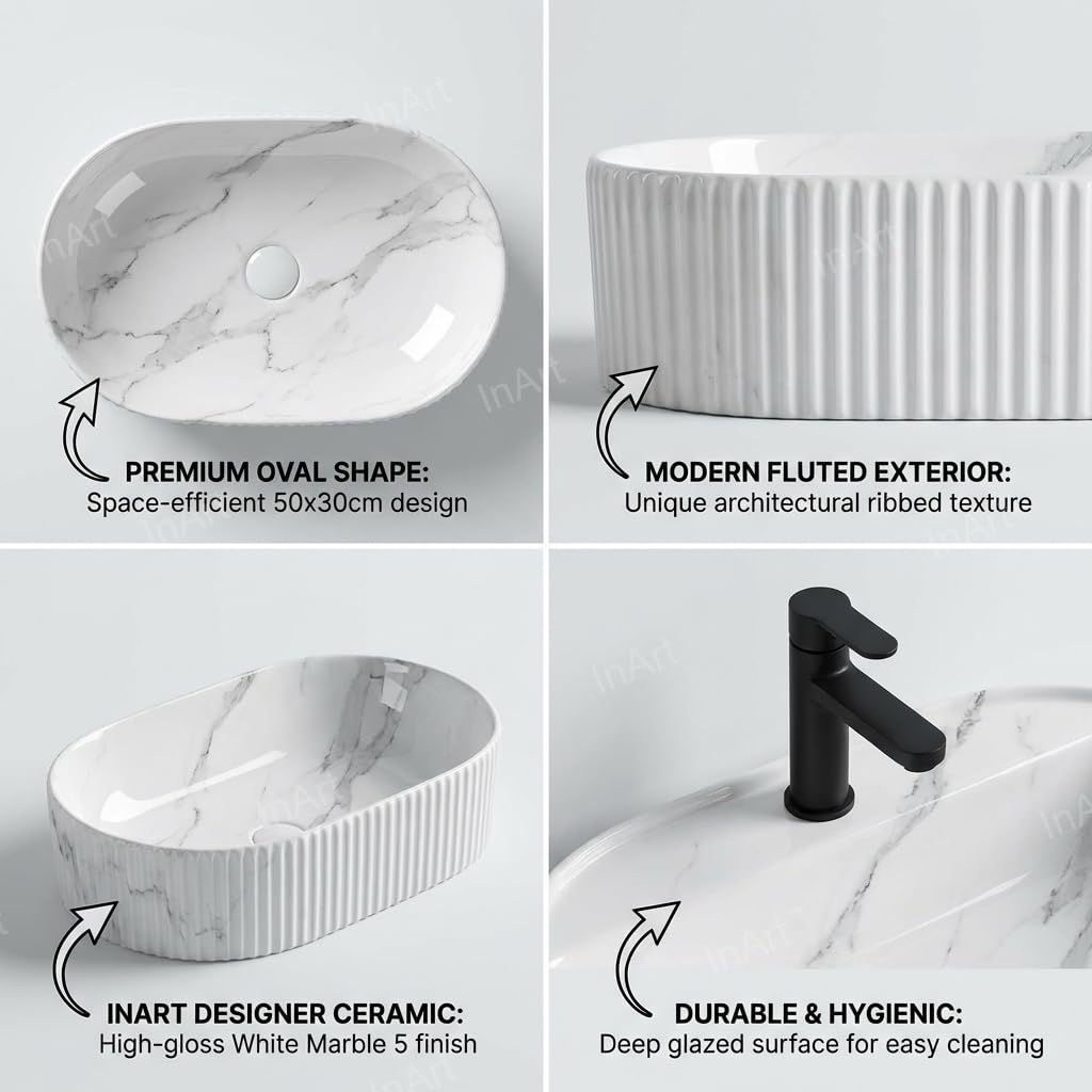 Bowl sinks for the bathroom side profile, InArt oval ceramic vessel sink with glossy white marble pattern
