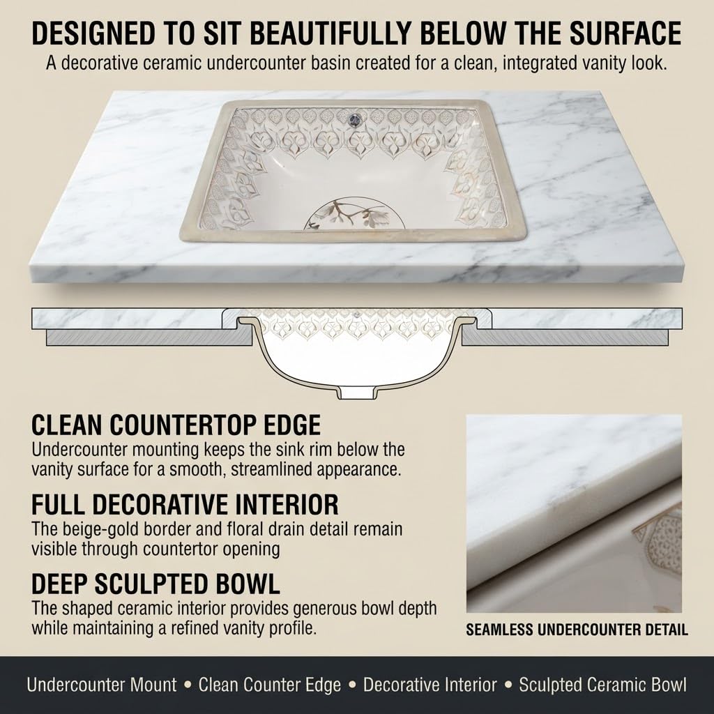 White and Gold Rectangular Ceramic undermount bathroom sink, additional product view 8