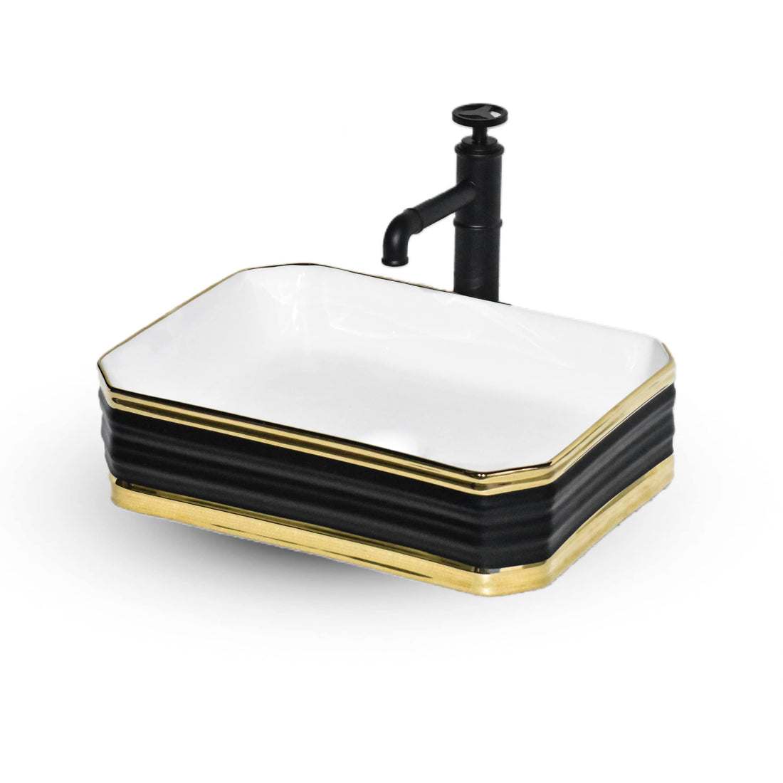 InArt ceramic vessel sink, rectangular matte black and gold tabletop wash basin 18x13.5x5
