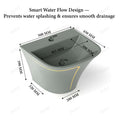 Wall mounted sink with integrated half-pedestal shroud, glossy gray ceramic rectangular shape, angled view