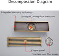 Brass shower grate drain top view showing parallel slot pattern and center plate, antique brass finish