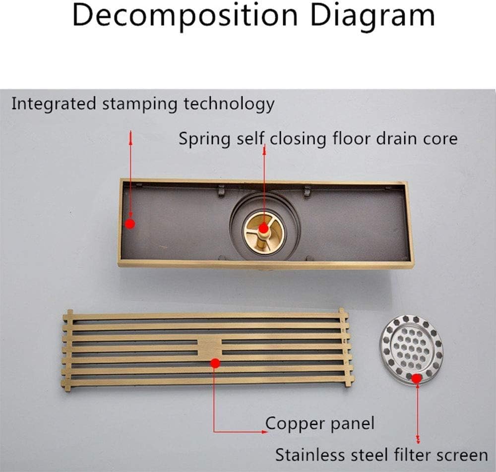 Brass shower grate drain top view showing parallel slot pattern and center plate, antique brass finish