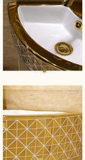 Small corner lavatory sink ceramic square corner basin, glossy white with gold trim, side view wall hung - Generic