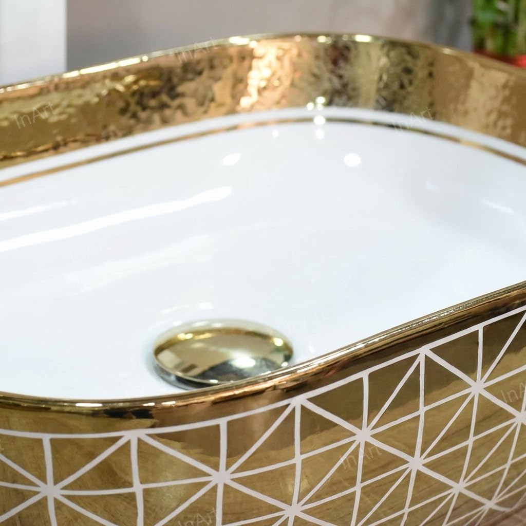 Vessel sink on vanity gold rectangular ceramic basin with raised rim detail, InArt