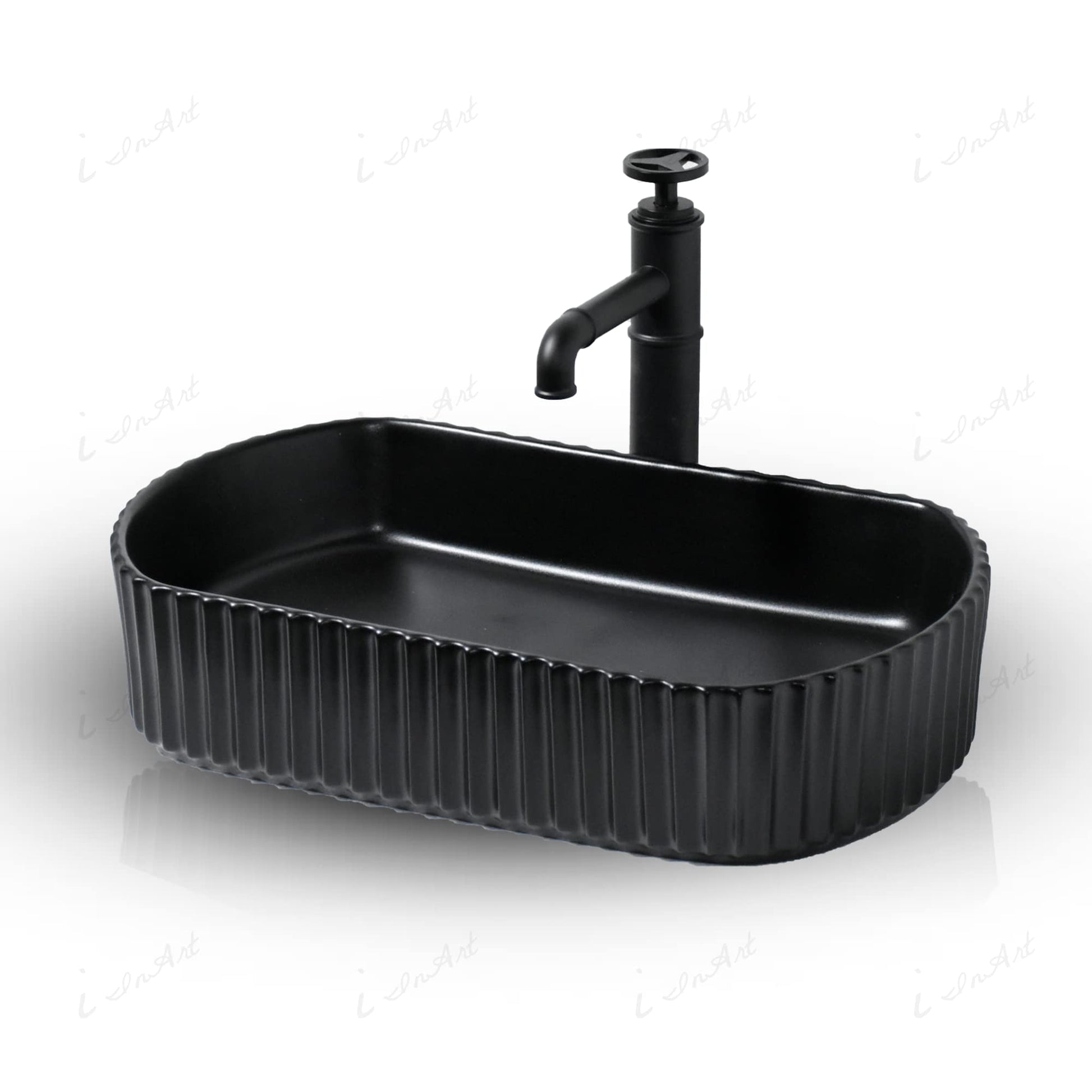 Rectangular vessel sink matte black, ceramic countertop basin 20 inch size top-down view