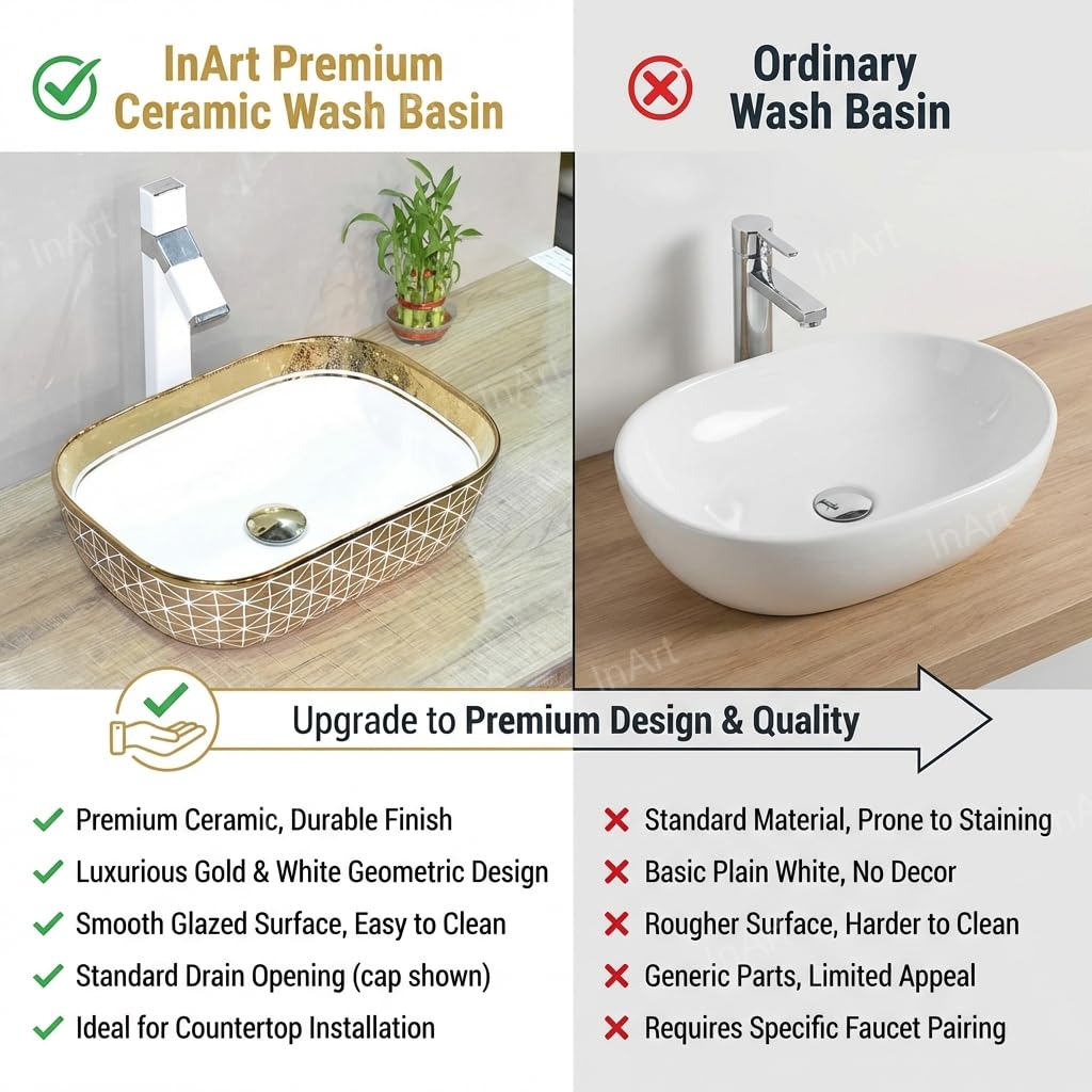 Bath vanity with vessel sink styling: modern gold rectangular ceramic tabletop basin in bathroom