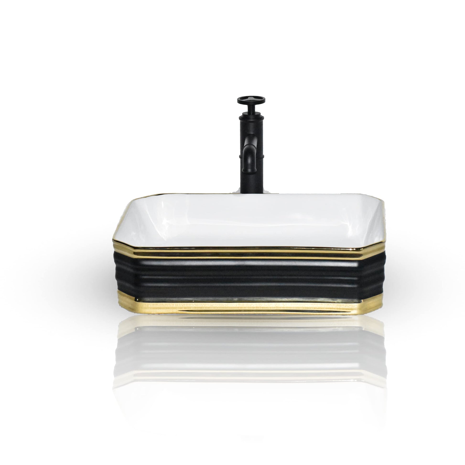 InArt modern vessel sink top view, ceramic sink vessel rectangular bowl in matte black with gold rim